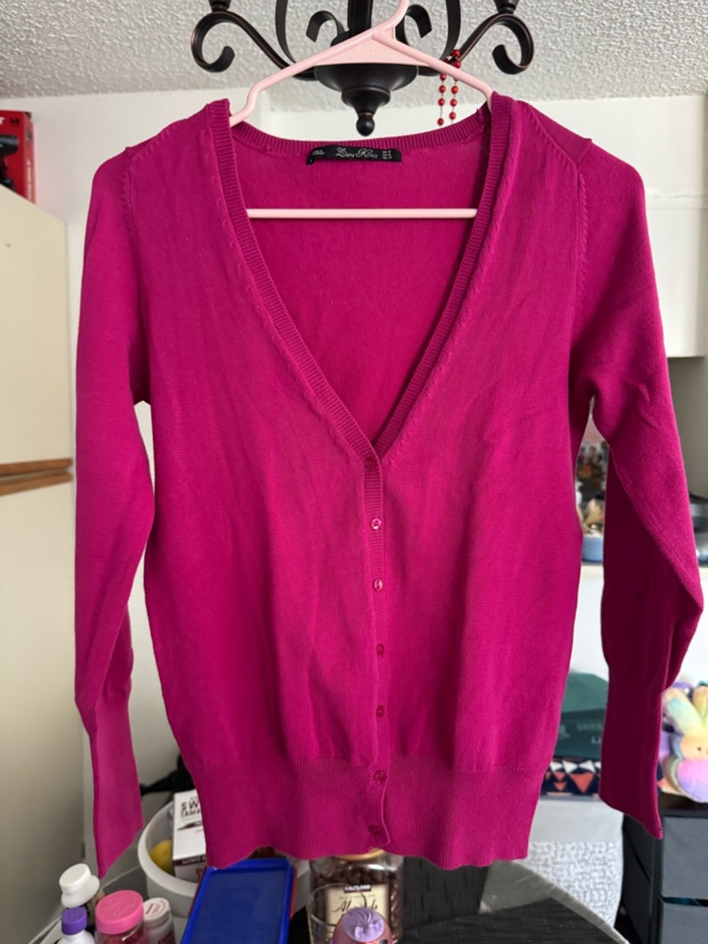 Women's Fuchsia V-Neck Button Cardigan Sweater